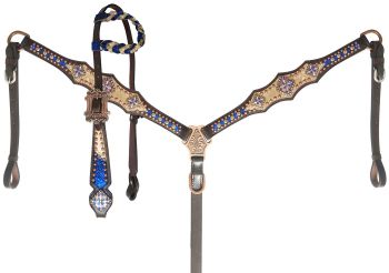 14414: Showman ® Royal Blue and Gold metallic Braided Single Ear Headstall and Breast Collar Set Headstall & Breast Collar Set Showman