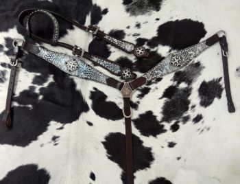 14418: Showman ® Snakeskin print inlay one ear headstall and breast collar set with silver beading Headstall & Breast Collar Set Showman