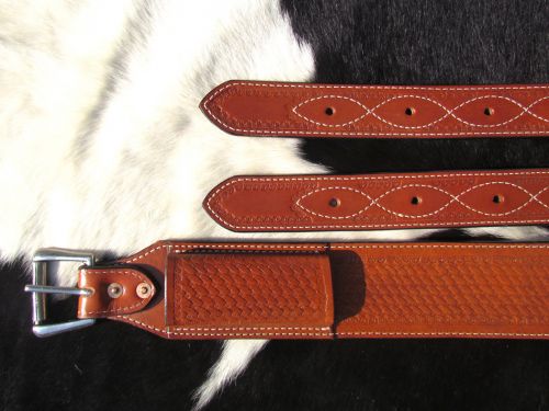 14463: Showman ® 3" wide Basketweave Tooled Leather back cinch with roller buckles Cinch Showman