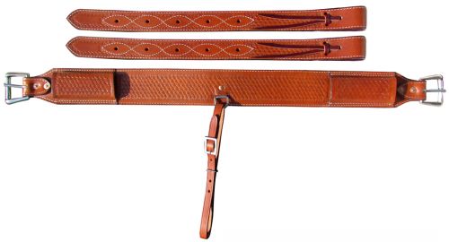 14463: Showman ® 3" wide Basketweave Tooled Leather back cinch with roller buckles Cinch Showman