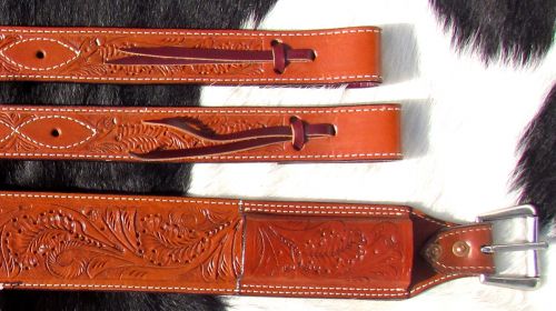 14464: Showman ® 3" wide Accorn Tooled Leather back cinch with roller buckles Cinch Showman