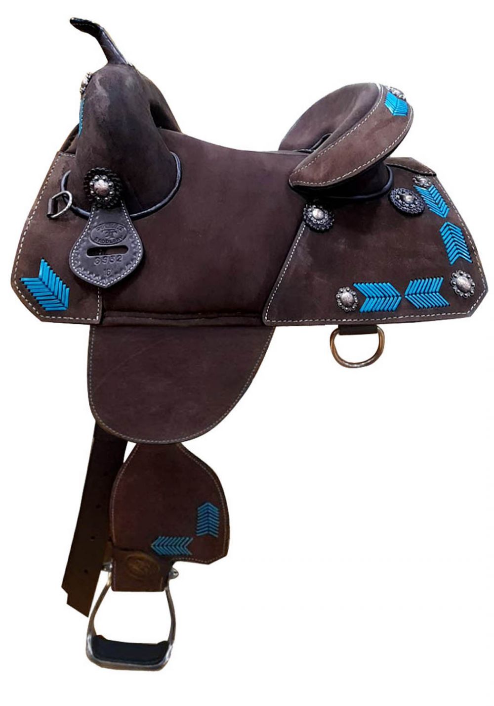 15", 16" Double T Treeless Saddle, Dark Brown, Turquoise Buckstitch 6932 Treeless Saddle Double T