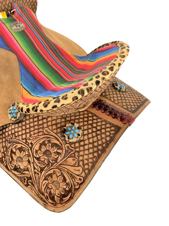 15" Double T Barrel style western saddle with Serape Cheetah Accents Barrel Saddle Shiloh