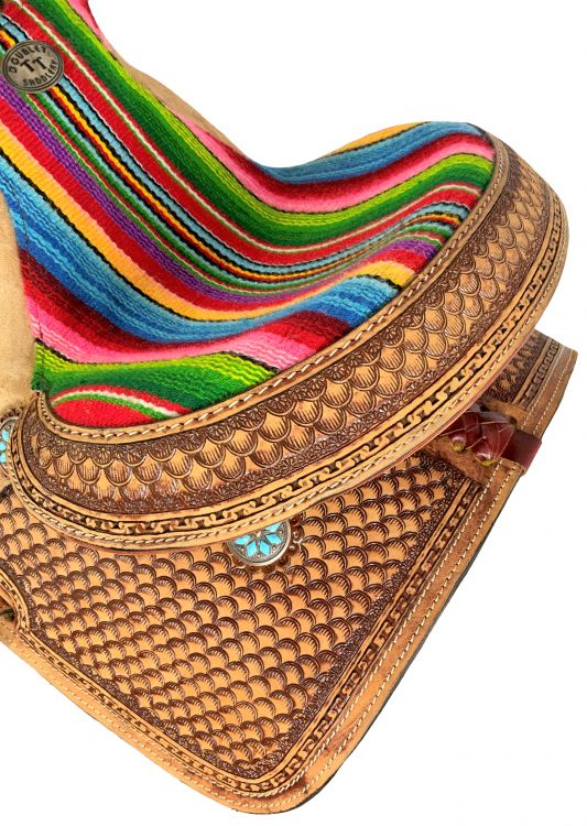 15" Double T Youth Hard Seat Western saddle with Wool Serape Accents Barrel Saddle Double T