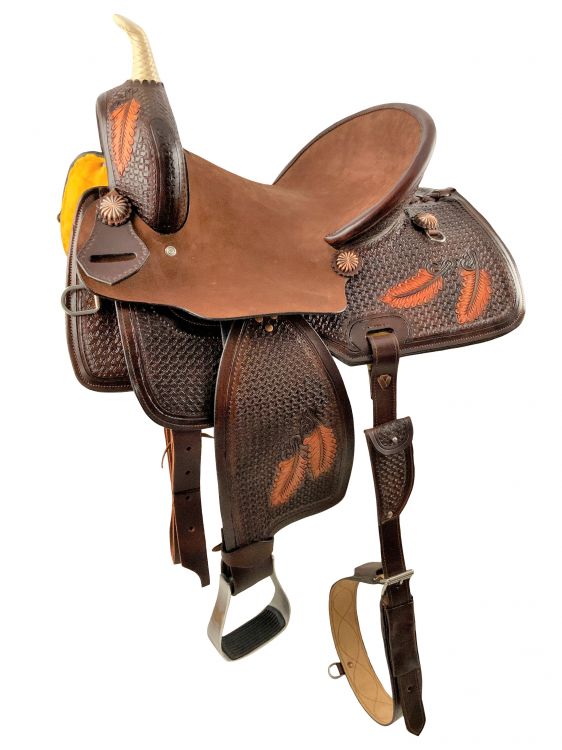 15" Hard Seat Barrel style western saddle with Basket and feather tooling Default Shiloh