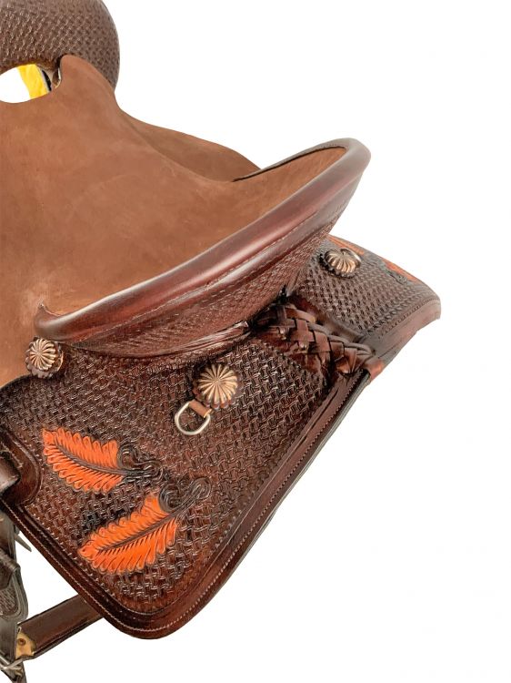 15" Hard Seat Barrel style western saddle with Basket and feather tooling Default Shiloh