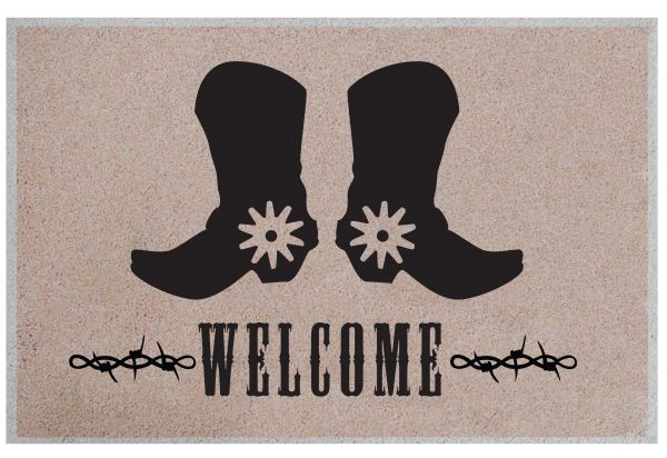 1526: 27" x 18" Boots ' N' Spurs welcome mat Primary Showman Saddles and Tack