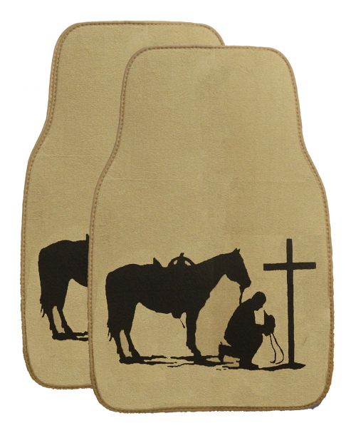 1531: 26" X 17" Praying cowboy floor mats for car or truck Primary Showman Saddles and Tack