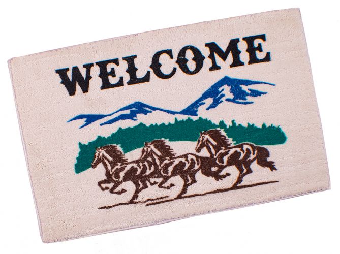 1545: 27" x 18" "Welcome" Running Horses in the Mountains floor mat Primary Showman Saddles and Tack