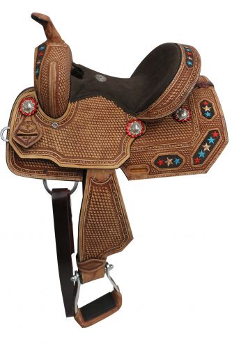 15812: 12" Double T Youth/Pony embroidered star barrel saddle Youth Saddle Double T