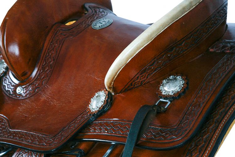 1581812: 12"Double T hard seat roper style saddle with aztec design tooling Youth Saddle Double T