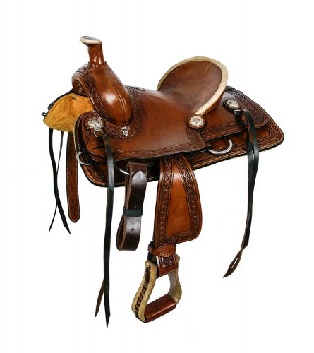 1581812: 12"Double T hard seat roper style saddle with aztec design tooling Youth Saddle Double T