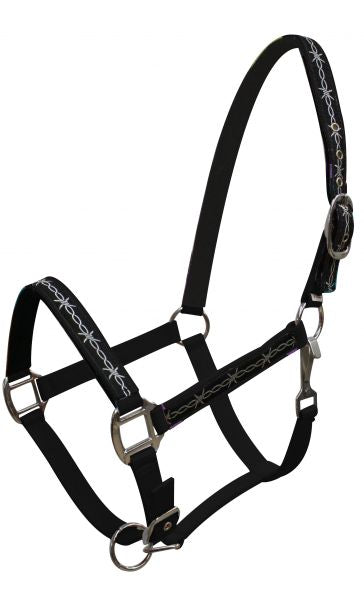 15826: Triple ply Neoprene lined nylon horse size halter with barbwire design overlay Nylon Halter Showman Saddles and Tack
