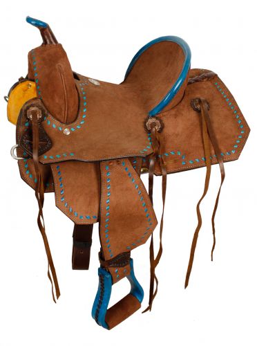 1583312: 12" Double T Youth/Pony Chocolate Roughout Barrel Saddle Youth Saddle Double T Turquoise