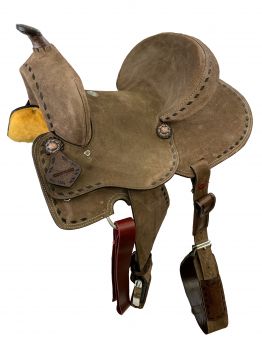 1585016: 16" Double T Hard Seat Barrel style saddle with extra deep seat and buckstitch trim Barrel Saddle Double T