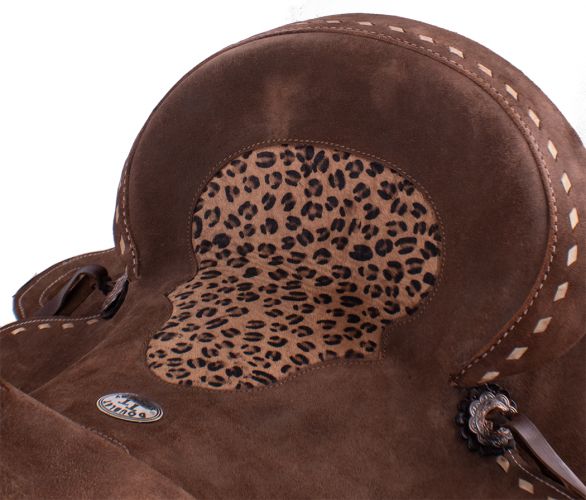 15852: 14", 15" Double T Hard Seat Barrel Saddle with Cheetah Seat Barrel Saddle Double T