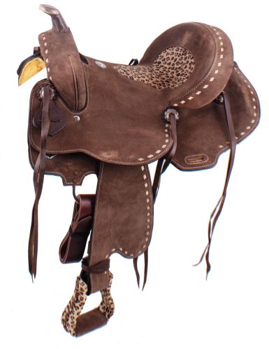 15852: 14", 15" Double T Hard Seat Barrel Saddle with Cheetah Seat Barrel Saddle Double T