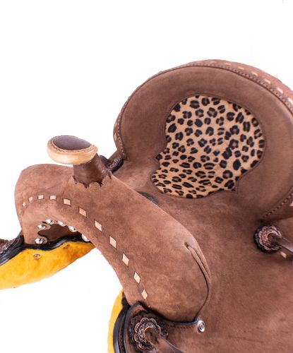 1585210: 10" Double T Youth Hard Seat Barrel Saddle with Cheetah Seat Youth Saddle Double T