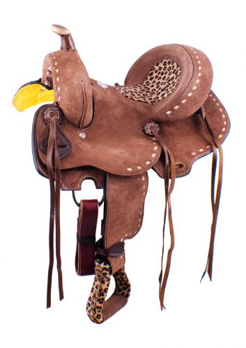 1585210: 10" Double T Youth Hard Seat Barrel Saddle with Cheetah Seat Youth Saddle Double T