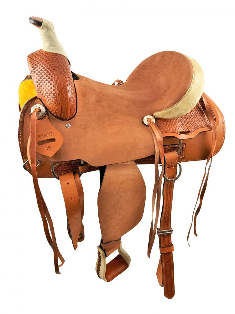 16" Medium Oil Hard Seat Roper Style saddle with rough out fenders & jockeys with basket stamp tooling Roping Saddle Shiloh