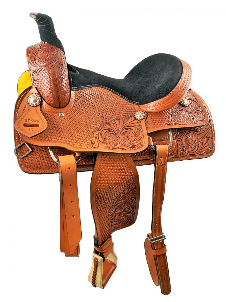 16" Medium Oil Roping Style saddle with rough out fenders & Jockeys with floral/basket weave combo tooling Roping Saddle Shiloh
