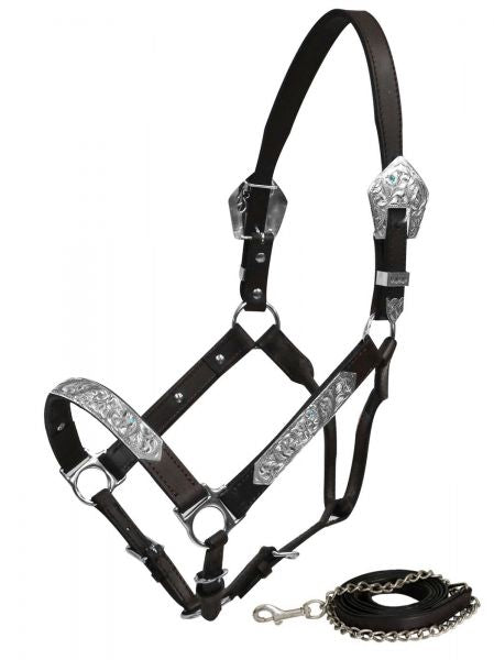 161132: Showman ® Horse Size double stitched leather show halter with engraved silver plates acce Show Halter Showman