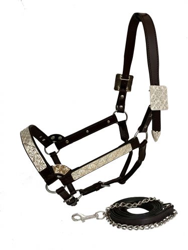 161143H: Showman ® Horse Size double stitched leather show halter with floral engraved silver pla Show Halter Showman