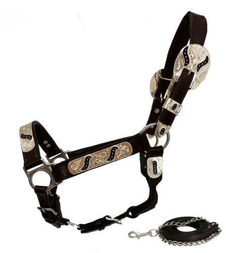 161144Y: Showman ® Yearling Size double stitched leather show halter with engraved silver plates Show Halter Showman