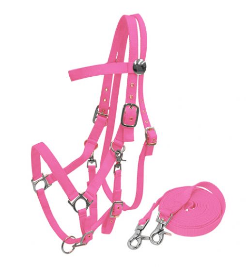 16157: Nylon combination halter bridle with reins Nylon Halter Showman Saddles and Tack
