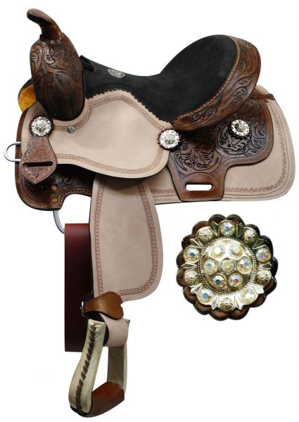 162312: 12" Double T youth saddle with floral tooled pommel, cantle, and skirt Youth Saddle Double T