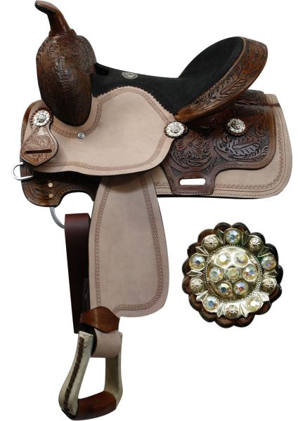 162313: 13" Double T youth saddle with floral tooled pommel, cantle, and skirt Youth Saddle Double T