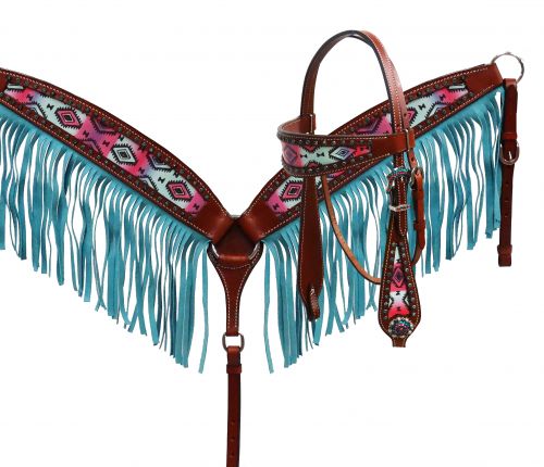 1633: Showman ® Pastel Navajo headstall and fringe breast collar set Headstall & Breast Collar Set Showman