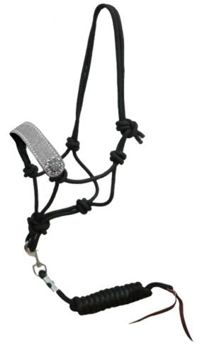 16455: Showman ® Black nylon rope halter with glitter leather noseband and rhinestone conchos Nylon Halter Showman