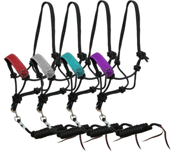 16455: Showman ® Black nylon rope halter with glitter leather noseband and rhinestone conchos Nylon Halter Showman
