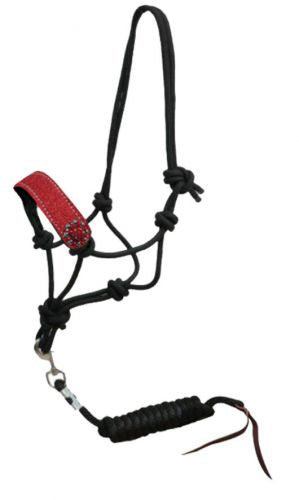 16455: Showman ® Black nylon rope halter with glitter leather noseband and rhinestone conchos Nylon Halter Showman
