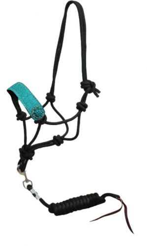 16455: Showman ® Black nylon rope halter with glitter leather noseband and rhinestone conchos Nylon Halter Showman