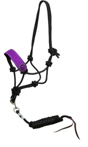 16455: Showman ® Black nylon rope halter with glitter leather noseband and rhinestone conchos Nylon Halter Showman