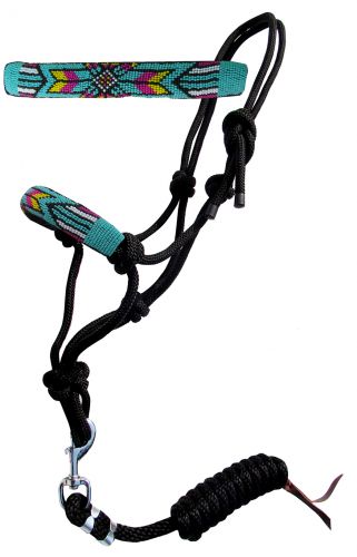 16505: Showman ® Beaded nose cowboy knot rope halter with 7' lead Cowboy Halter Showman