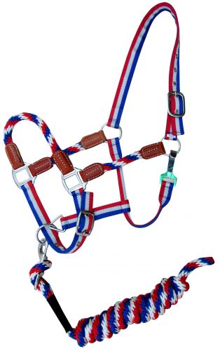 16579: Showman ® Red, White, and Blue nylon halter with leather accents Nylon Halter Showman