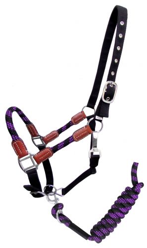 16647: Showman ® Nylon halter and matching lead rope with leather accents Nylon Halter Showman