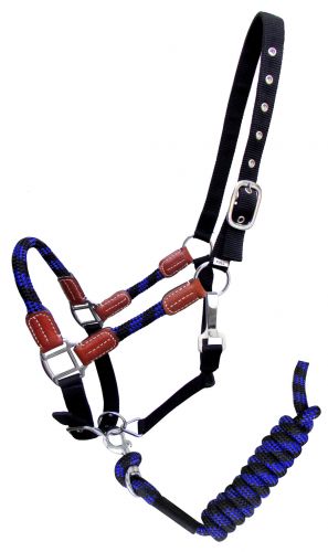 16647: Showman ® Nylon halter and matching lead rope with leather accents Nylon Halter Showman