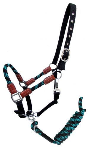 16647: Showman ® Nylon halter and matching lead rope with leather accents Nylon Halter Showman