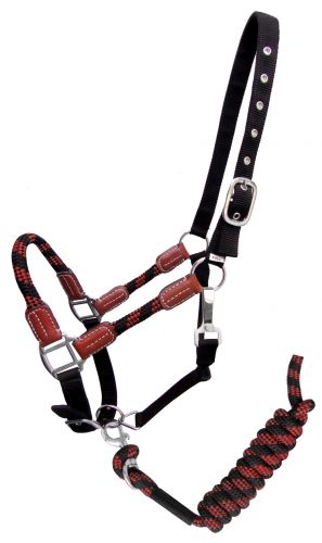 16647: Showman ® Nylon halter and matching lead rope with leather accents Nylon Halter Showman