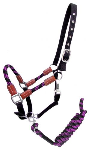 16647: Showman ® Nylon halter and matching lead rope with leather accents Nylon Halter Showman