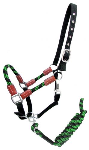 16647: Showman ® Nylon halter and matching lead rope with leather accents Nylon Halter Showman