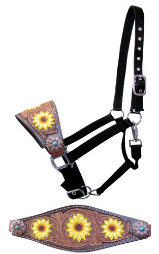 16651: Showman ® Adjustable nylon bronc halter with hand painted sunflower noseband Bronc Halter Showman
