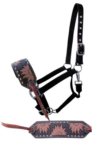 16656: Showman ® Sunflower Tooled Bronc Nose Halter with buckstitch trim Bronc Halter Showman