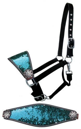 16665: Showman ® Nylon bronc halter with turquoise and silver sequins inlay Bronc Halter Showman