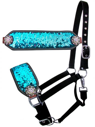 16666: Showman ® Nylon bronc halter with teal and pink sequins inlay Bronc Halter Showman