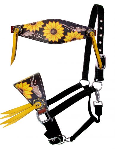 16669: Showman ® Adjustable nylon bronc halter with sunflower hand painted nose band Bronc Halter Showman